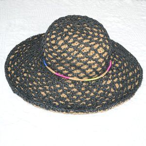 Betsey Johnson Straw Hat Women's Sun Floppy Wide Brim Black Tan